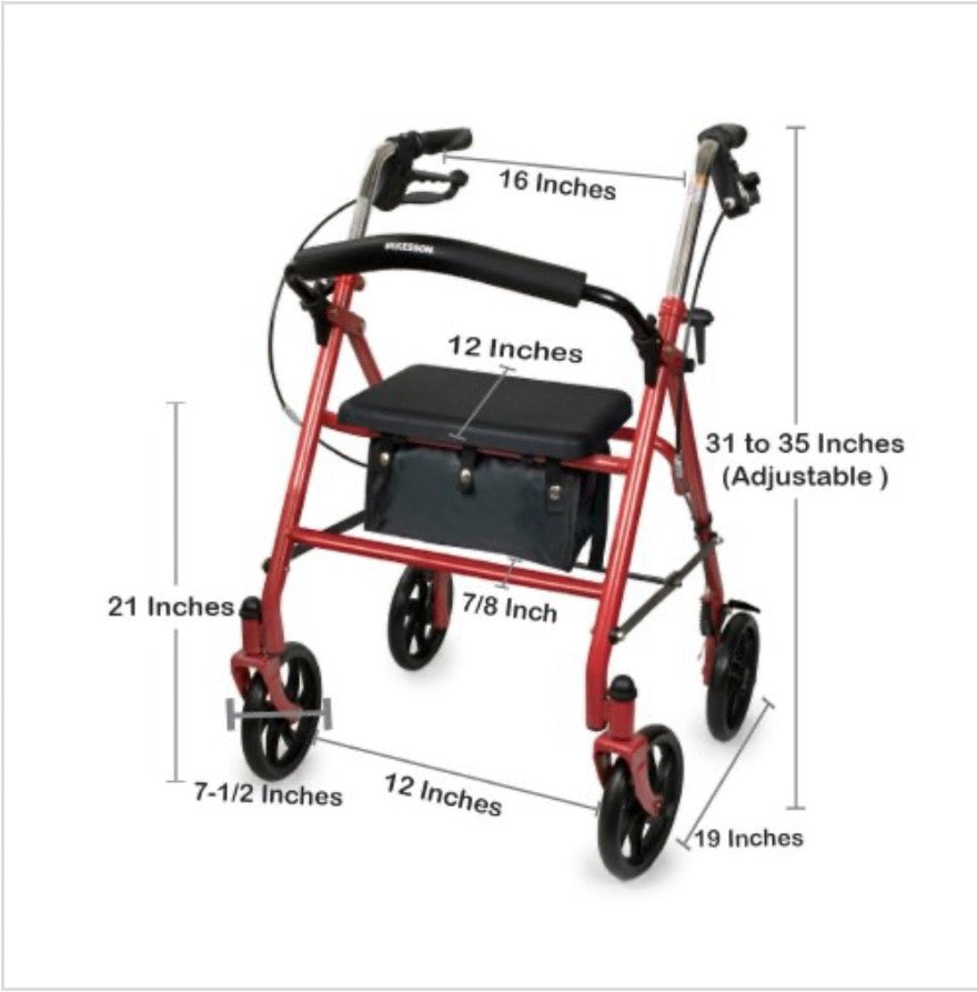 McKesson Folding Steel Four-Wheel Rollator, 12-Inch Seat Width, Red