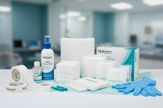 McKesson wound care supplies including gauze, dressings, and saline wound wash